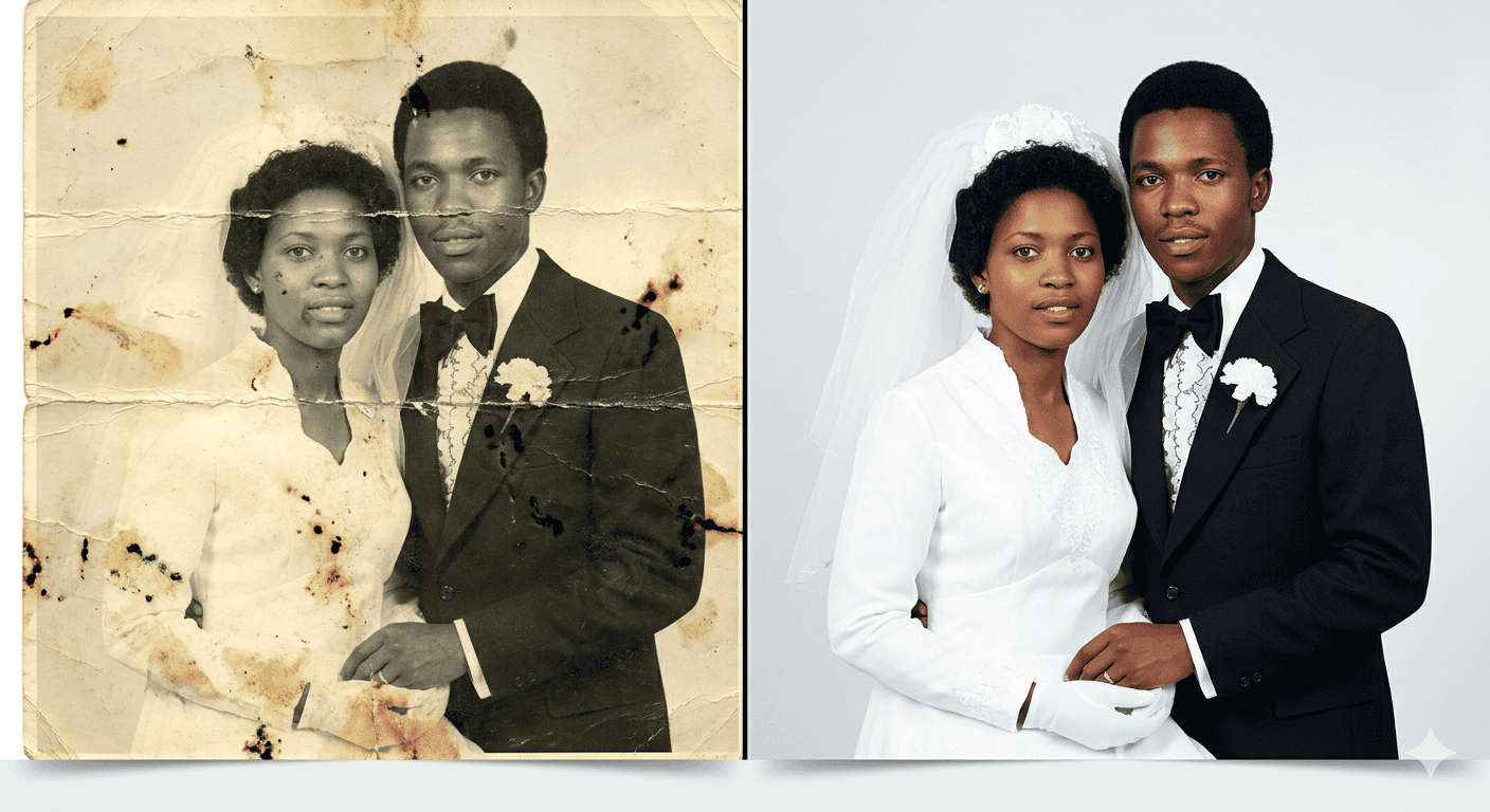 Before-and-after photo restoration of a 1970s wedding photograph