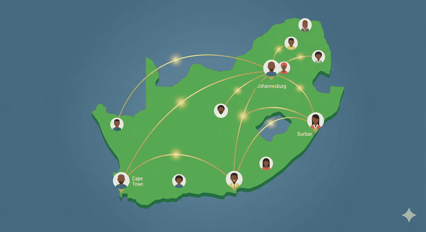 A stylised map of South Africa showing digital connections between cities
