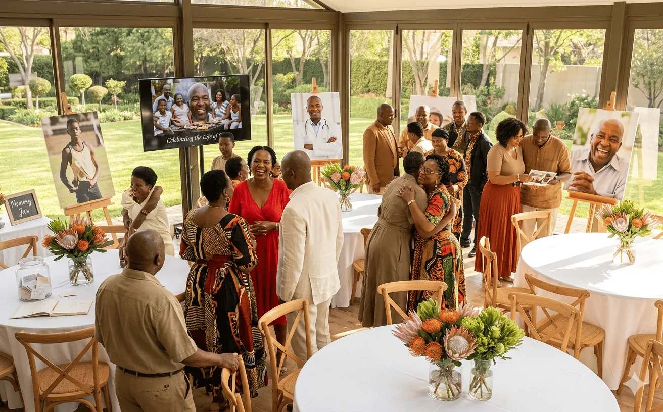 A modern celebration of life with colourful flowers, slide show screen, and music