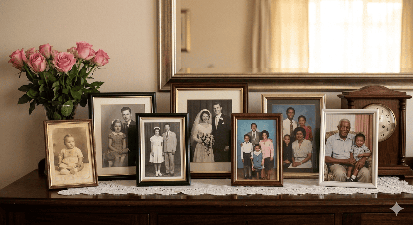Framed family photographs arranged chronologically on a wooden sideboard