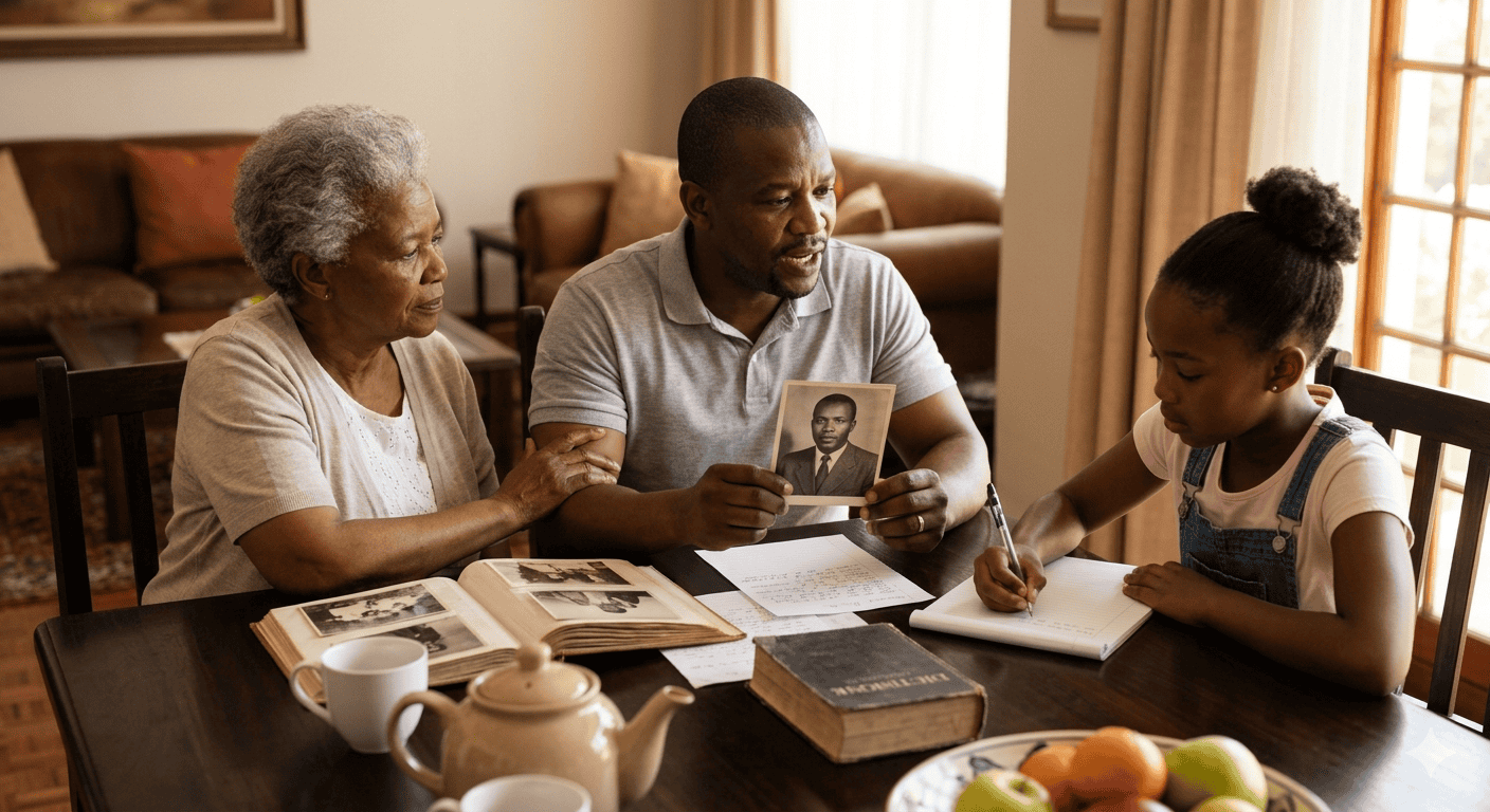 A South African family collaborating on writing an obituary together at a dining table