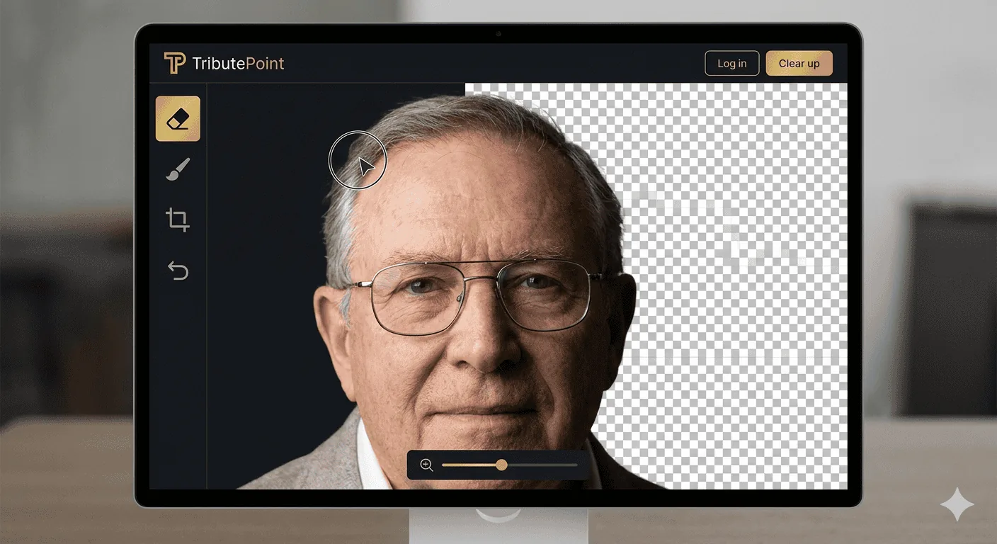 The TributePoint cutout editor canvas with eraser tool active, zoomed in on a portrait edge