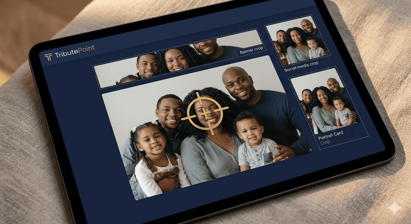 Focal point crosshair positioned on a portrait face within the TributePoint editor