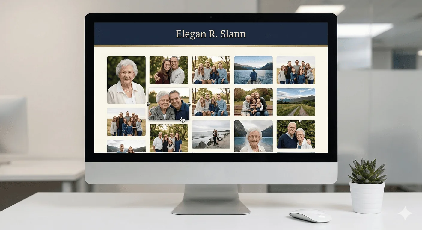 Grid view of a tribute photo gallery showing twelve family photos with thumbnails and a count badge