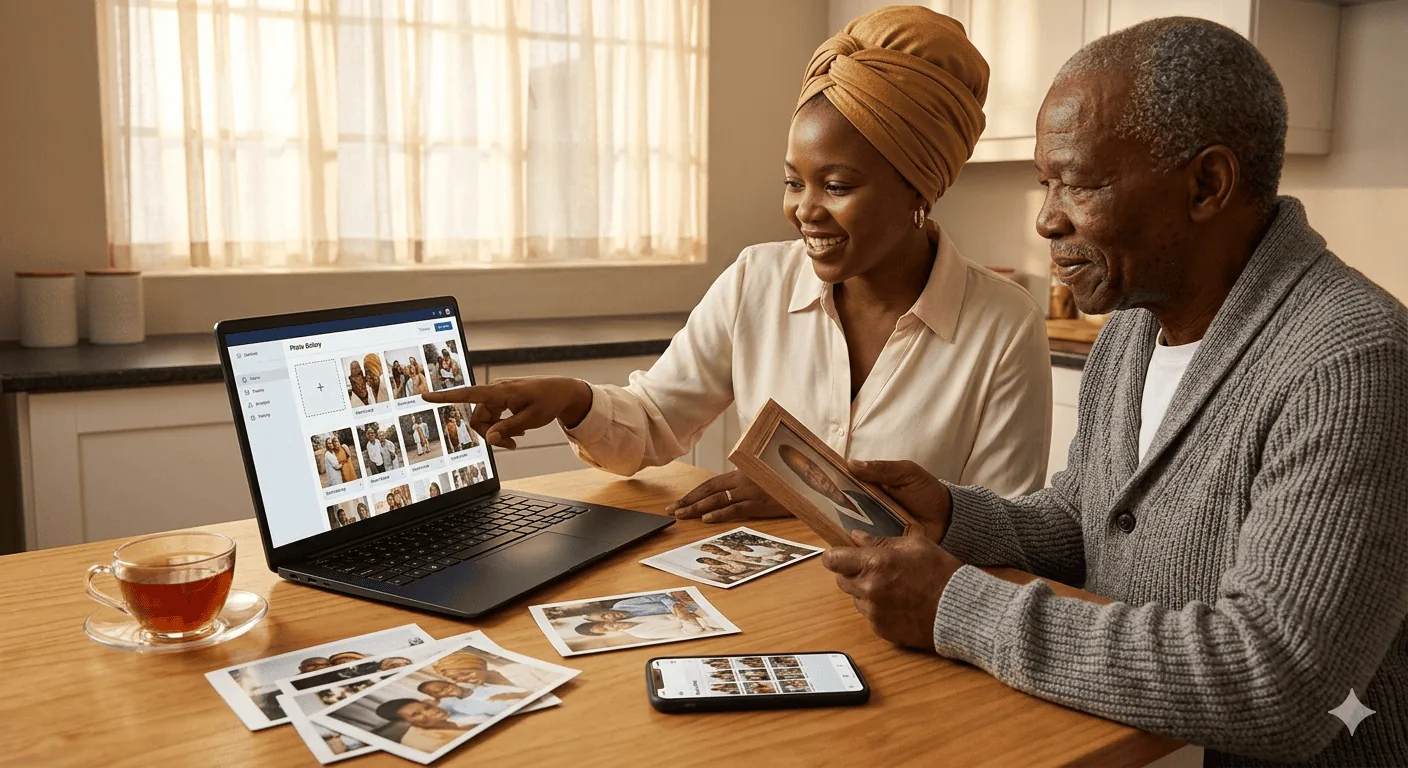 A South African family reviewing tribute photos on a laptop screen with TributePoint's gallery editor open