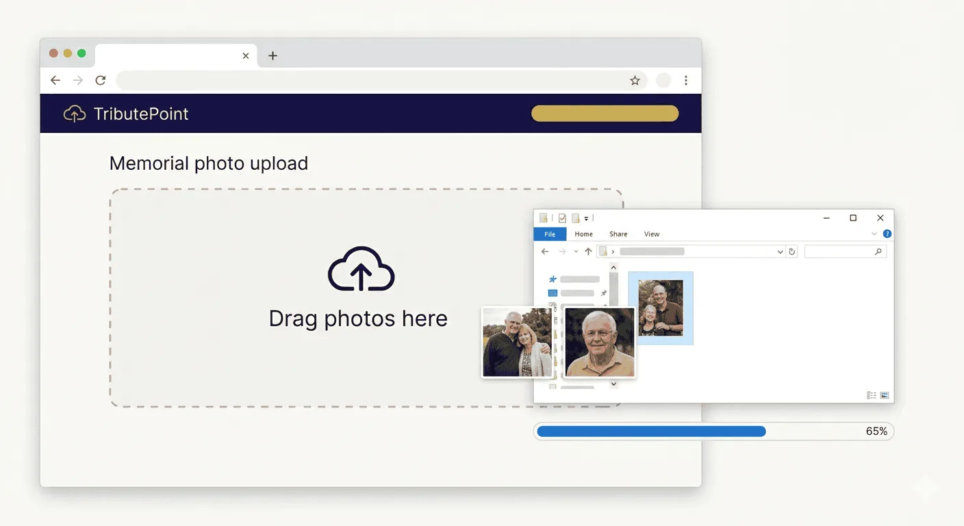 TributePoint's drag-and-drop upload zone with multiple family photos being added simultaneously