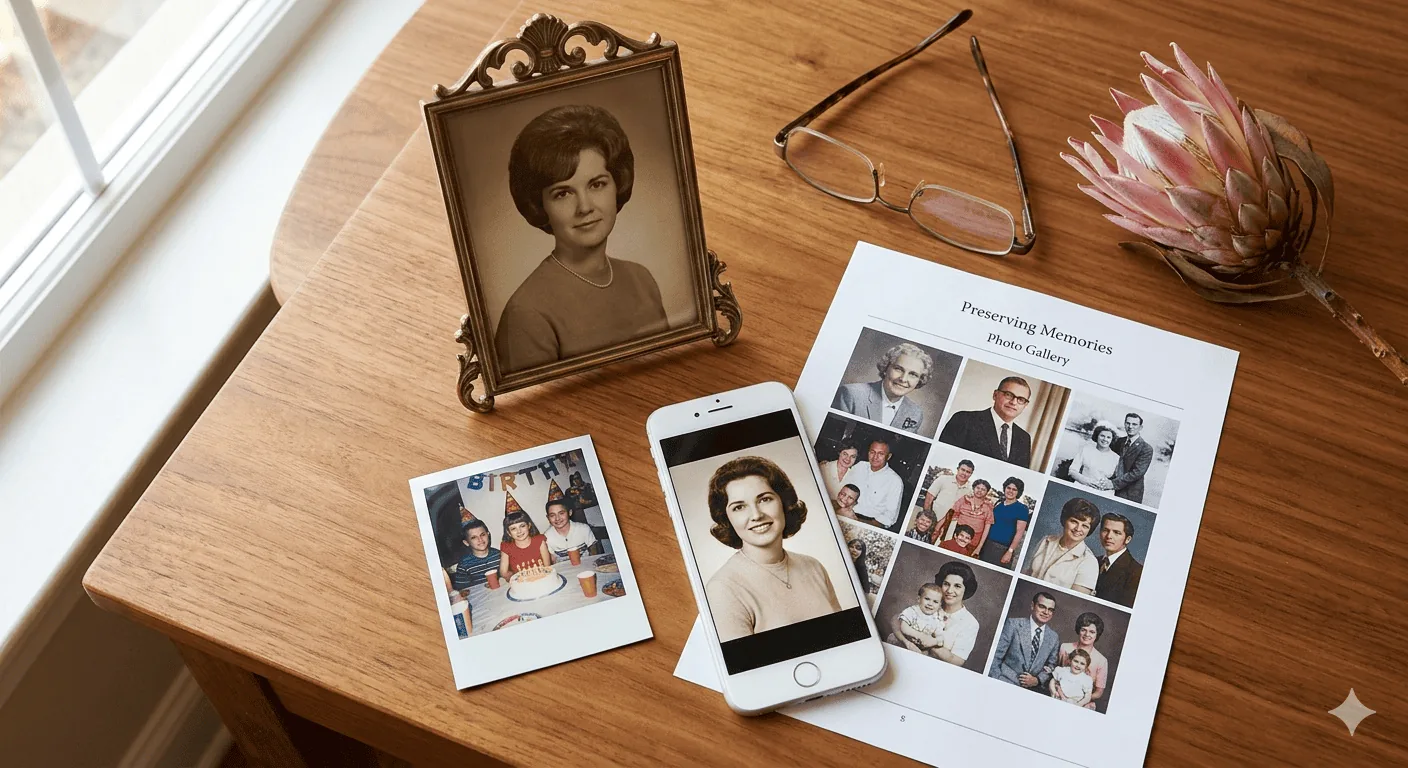 Close-up of a memorial page main photo showing a clear portrait with a soft background