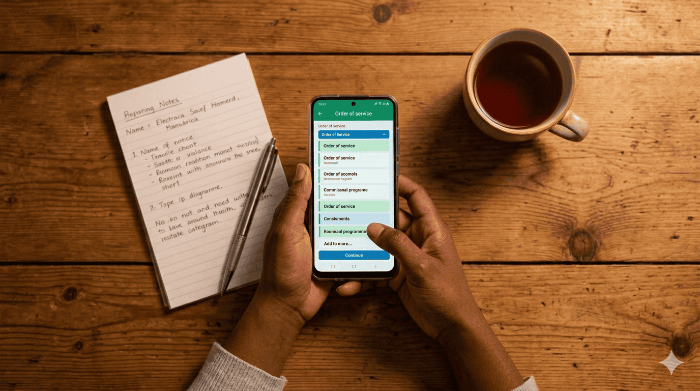 The TributePoint programme builder interface showing editable rows for each service item
