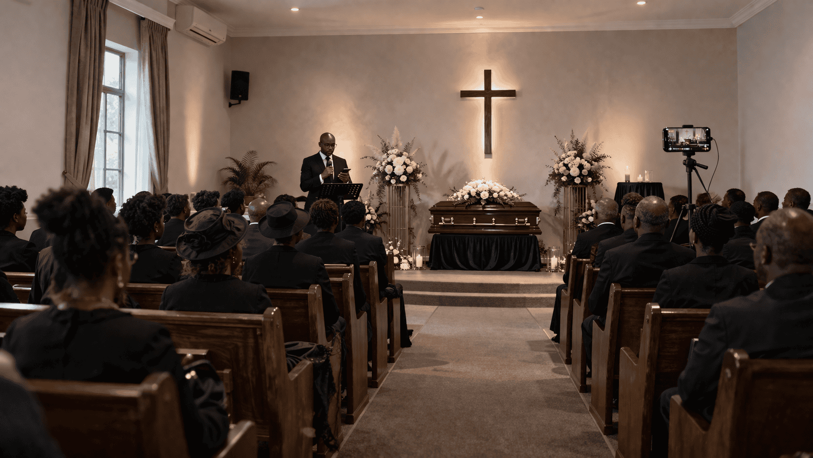 A completed funeral programme with all items checked off in green showing a successful service