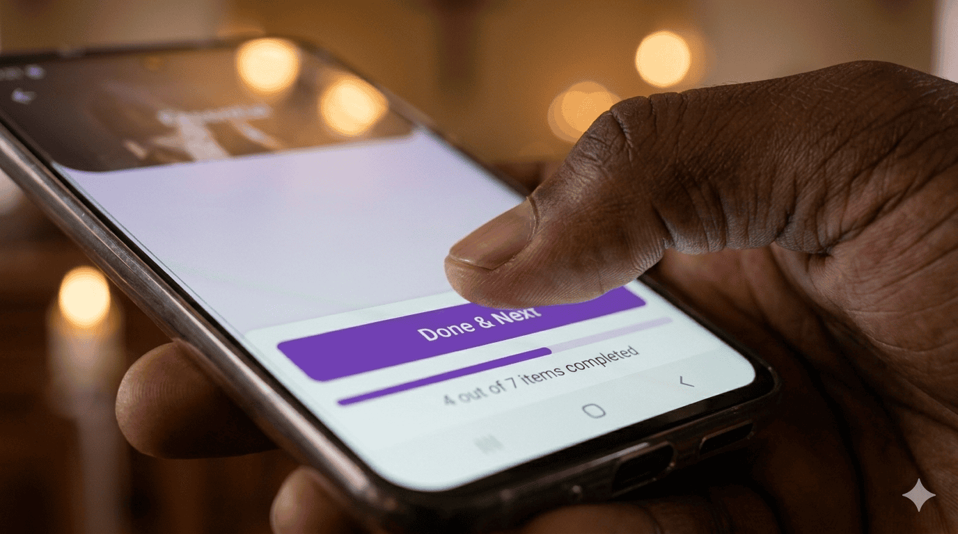 The Done and Next button advancing the programme with a progress bar showing 3 of 8 items completed