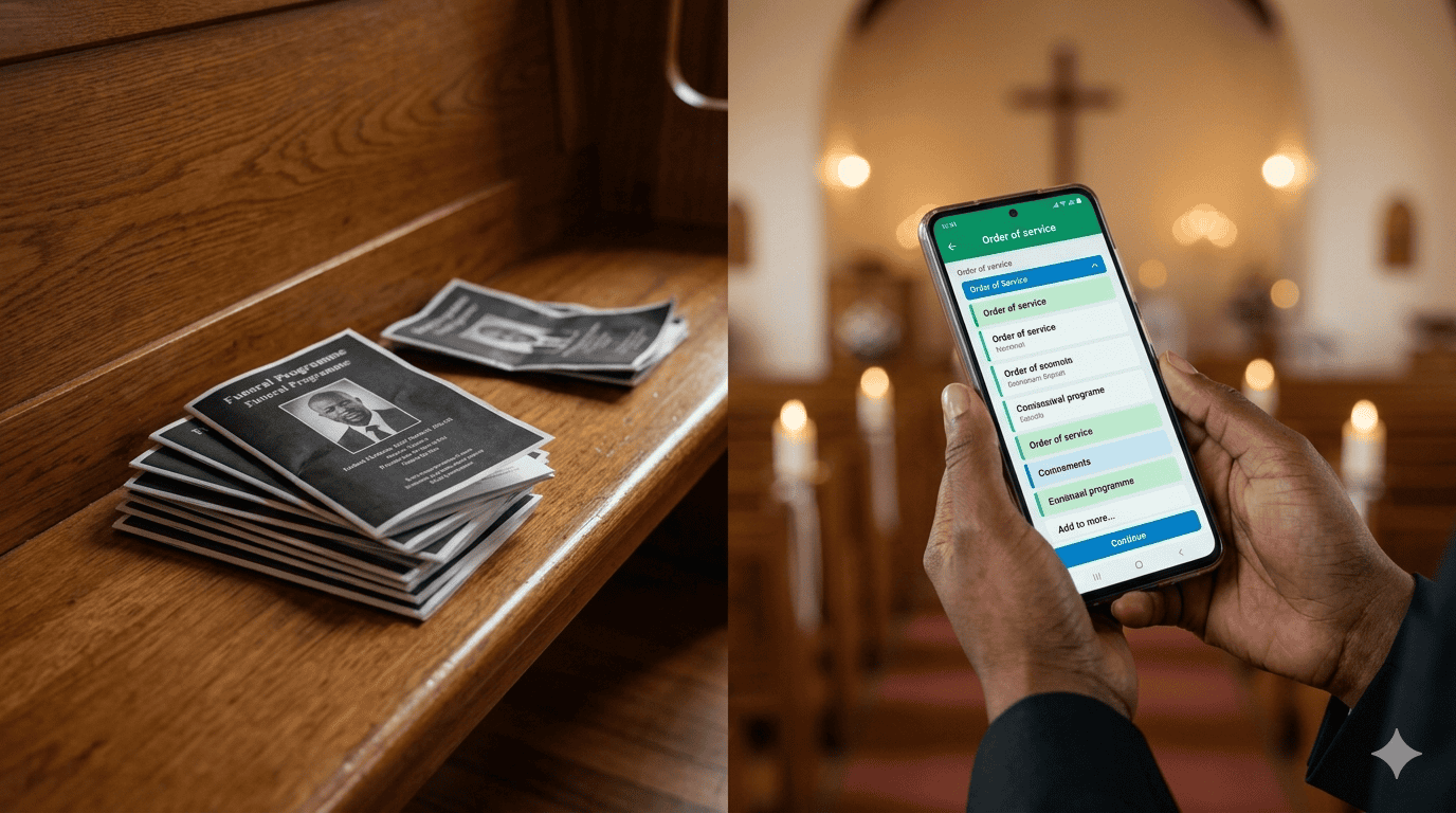 Family members following a digital funeral programme on their phones during a service