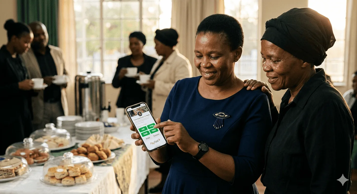 A woman at a funeral tea tapping on a donation page on her smartphone while another woman watches supportively