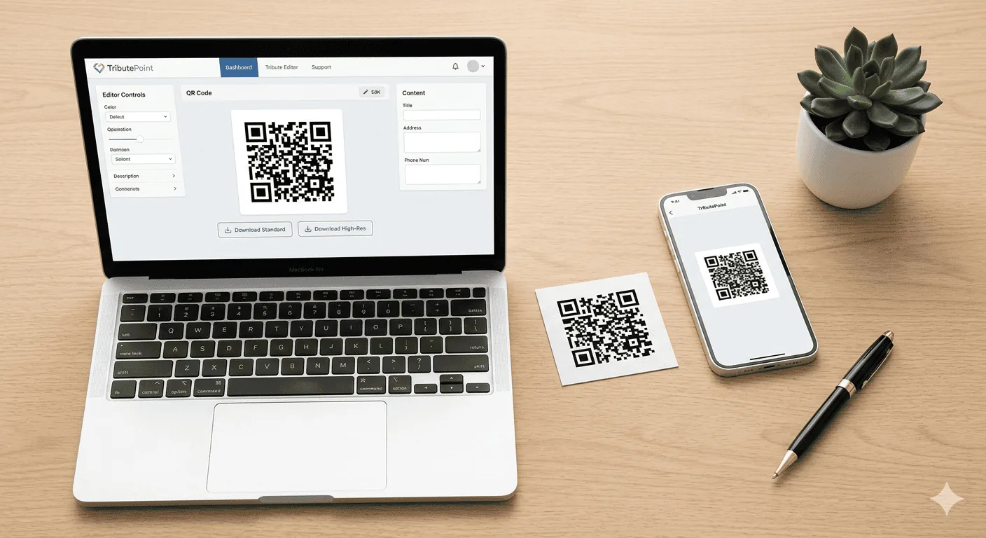 A laptop and smartphone on a white desk both showing a QR code, with a printed QR card between them