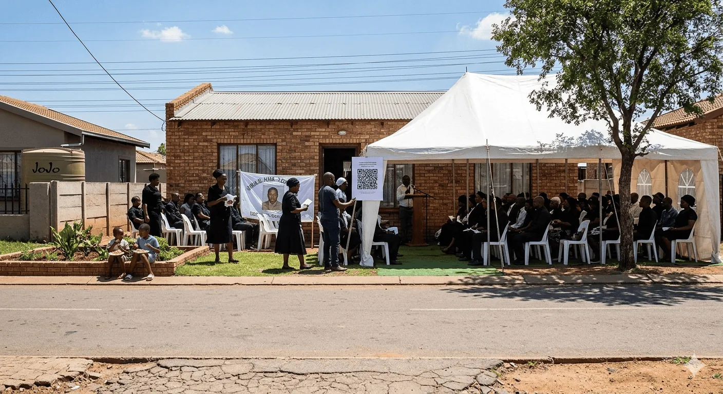 A wide view of a Soweto township funeral with a white marquee tent and a QR code poster at the entrance