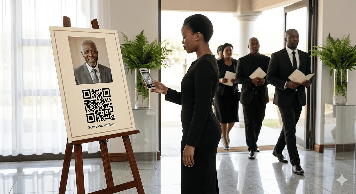 Funeral venue entrance with a QR code poster on an easel and a guest scanning it with her smartphone