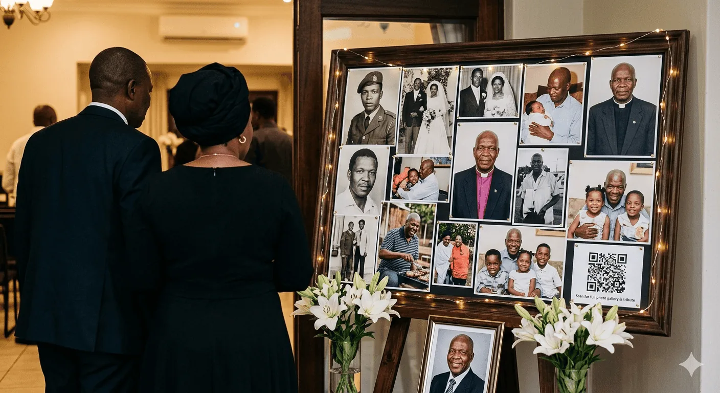 A funeral memorial photo display board on a wooden easel with family photographs and a QR code pinned at the bottom