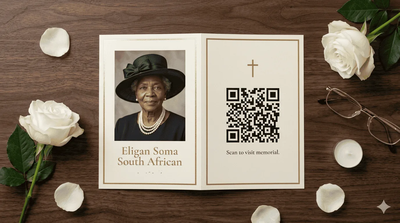 Overhead view of an open funeral programme on a walnut table with a QR code printed on the back cover