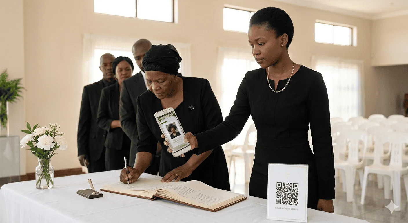 A young woman at a funeral venue scanning a QR code on the guest sign-in table with her smartphone