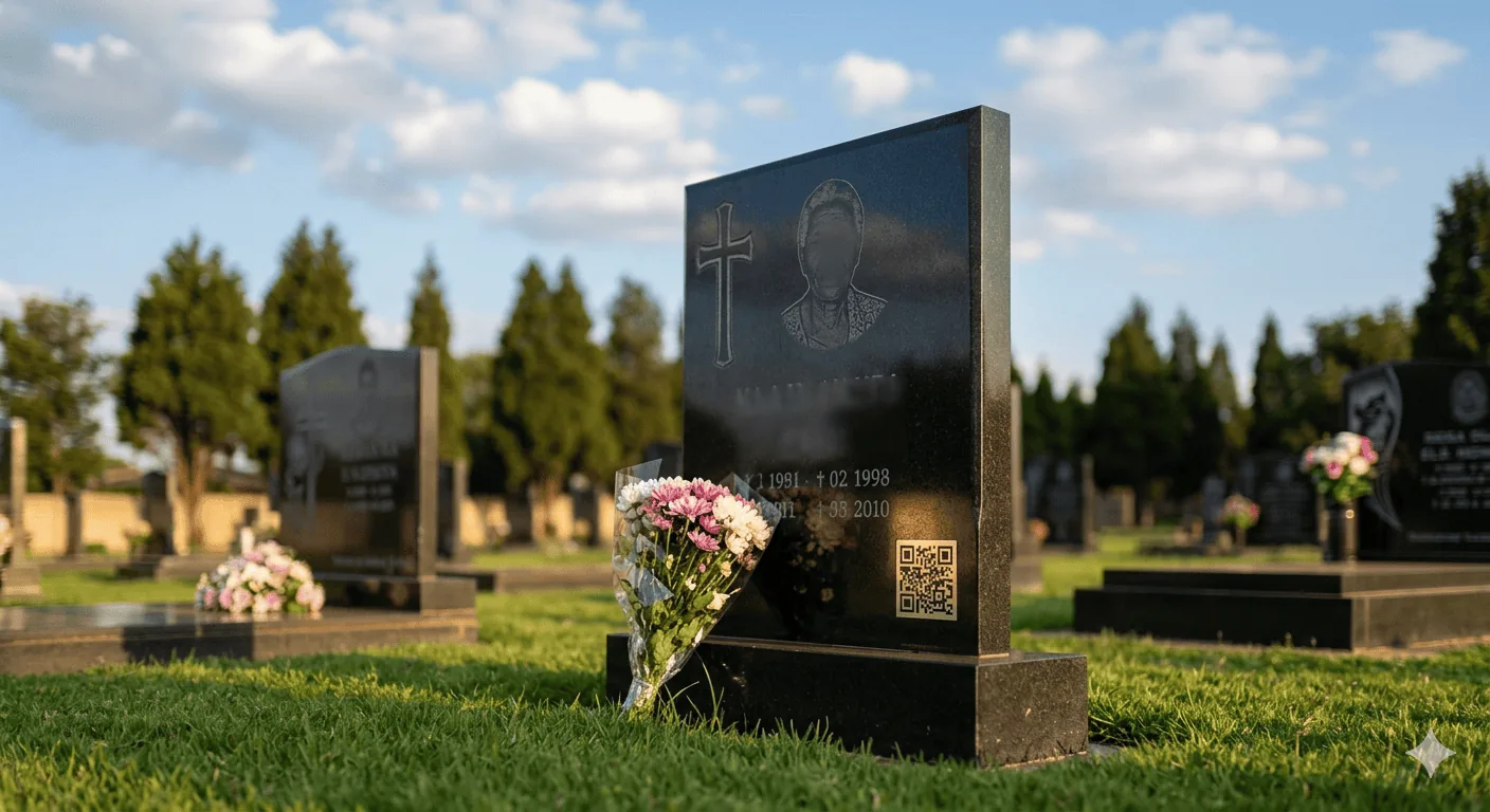 A polished black granite headstone in a South African cemetery with a small engraved QR code