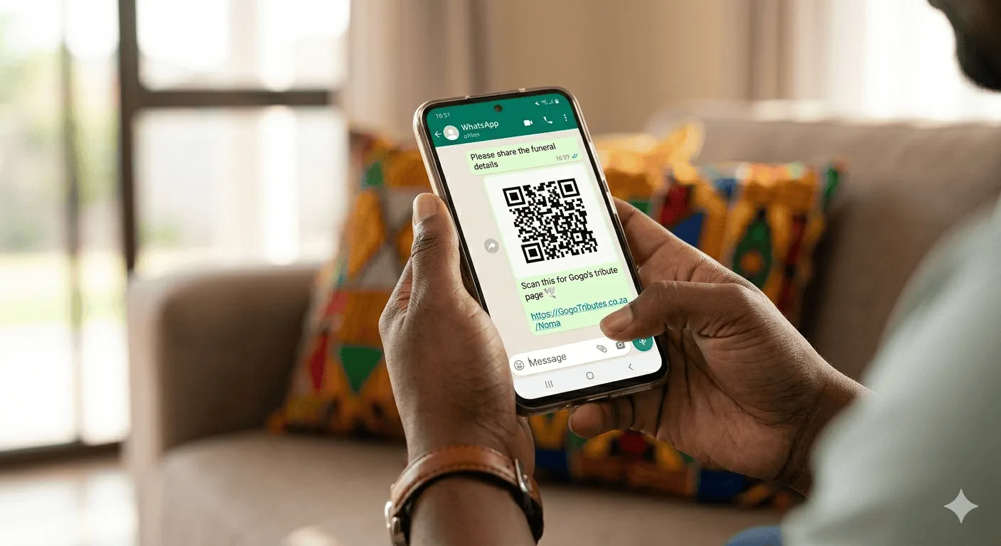 Close-up of hands holding a smartphone showing a WhatsApp chat with a shared QR code for a tribute page