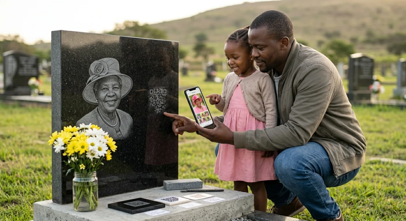 A father and his young daughter kneeling at a graveside, looking at a tribute page on a smartphone after scanning the QR code on the headstone