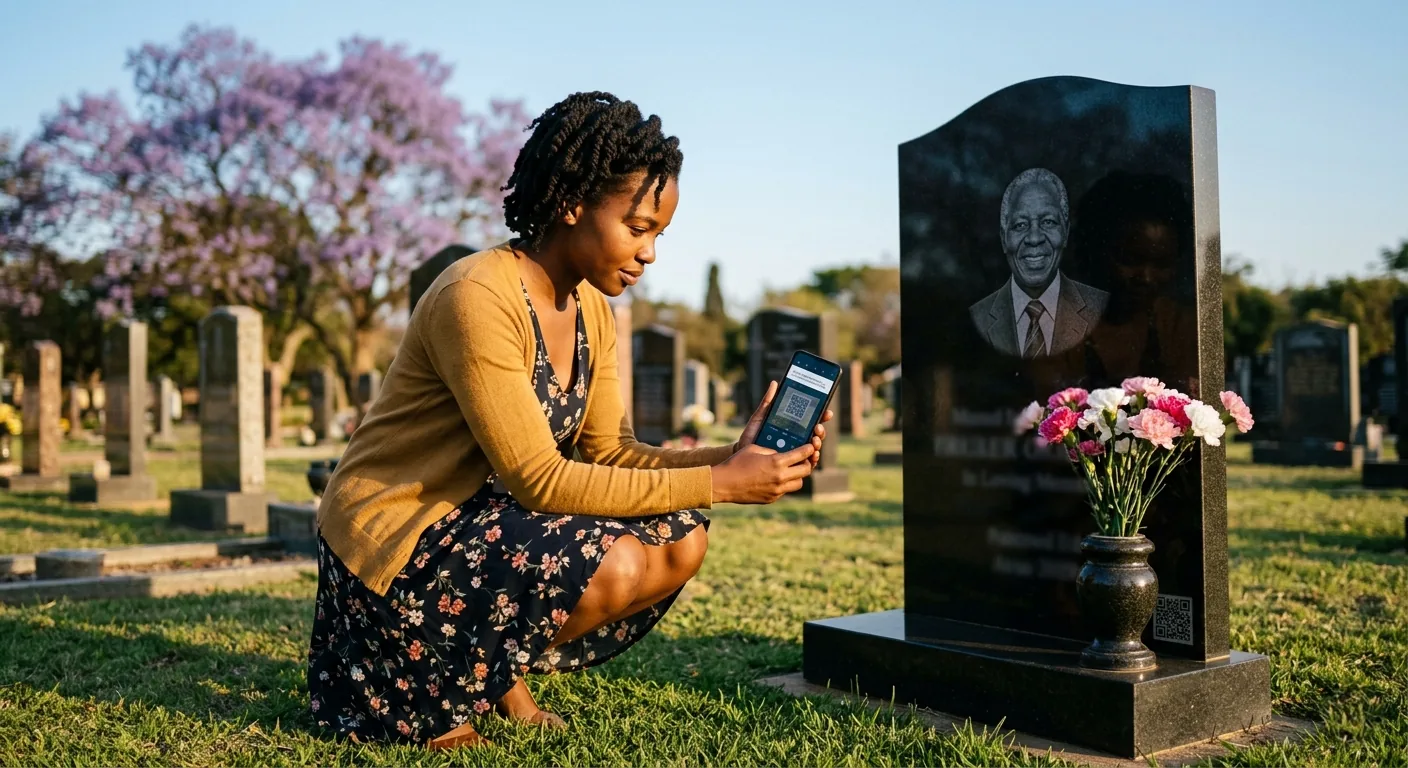 A young woman crouching at a cemetery headstone, scanning a small QR code etched into the granite with her smartphone