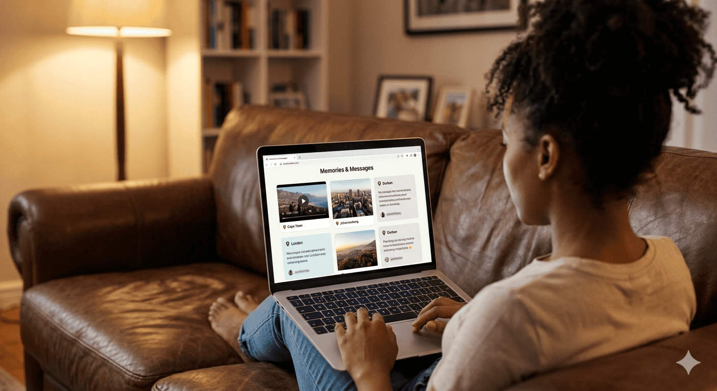 Diverse family members each holding a photo, letter, or phone with memories to contribute
