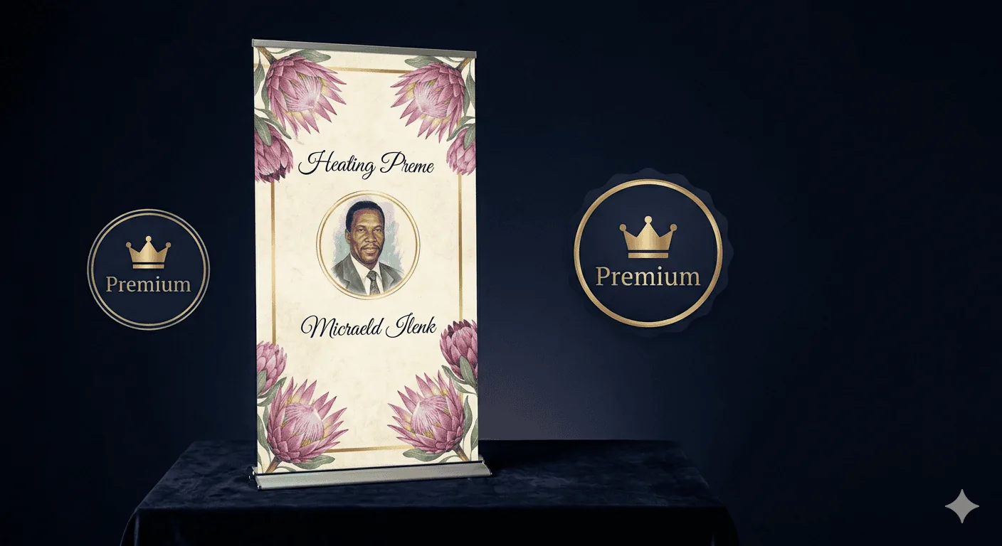 Two premium memorial theme previews showing elegant animated elements and sophisticated typography on a desktop screen