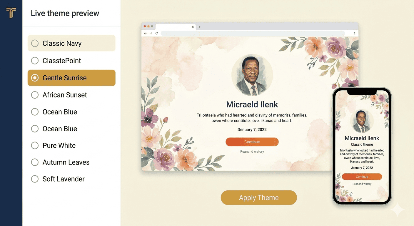 TributePoint theme preview screen showing a memorial page rendered on both a desktop monitor and a smartphone side by side