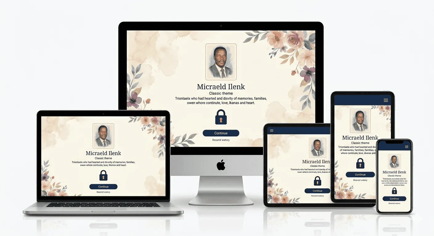 The same memorial tribute displayed across five device sizes from desktop to smartphone, each perfectly adapted