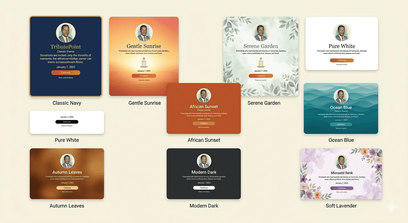 Multiple memorial page themes displayed on devices — elegant, floral, and modern designs