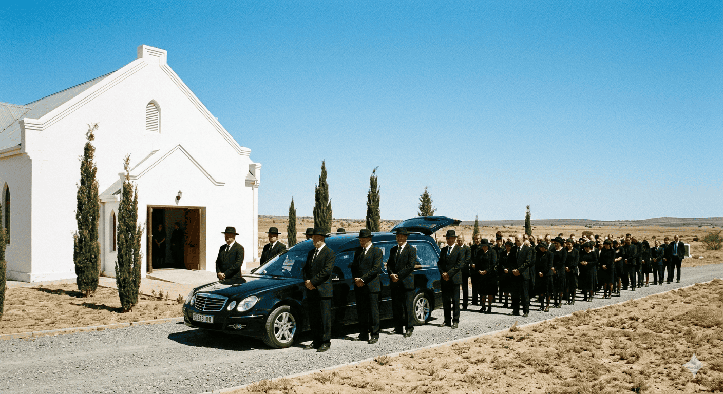 A Dutch Reformed church funeral with hymn books and flowers on pews