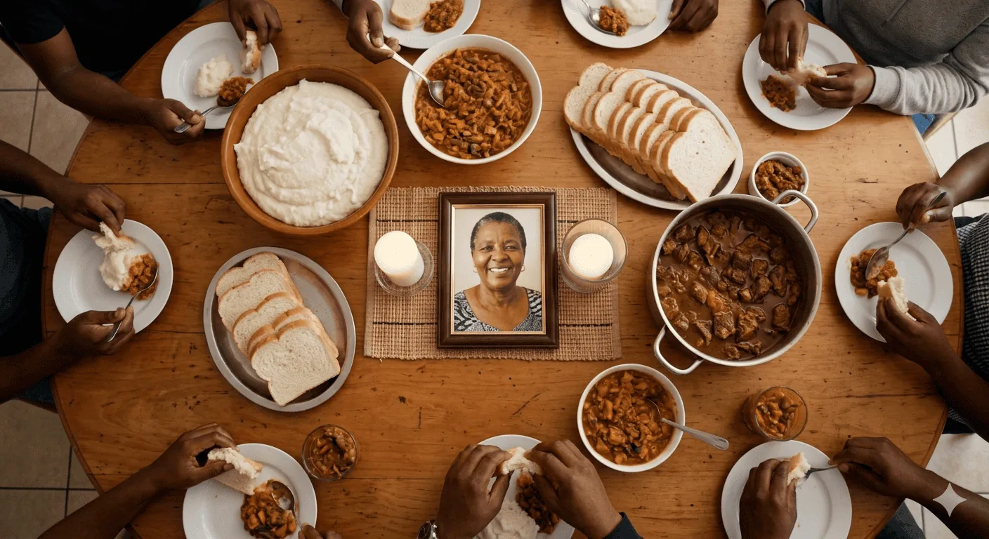 A family blending traditions with both ancestral rituals and a digital memorial screen