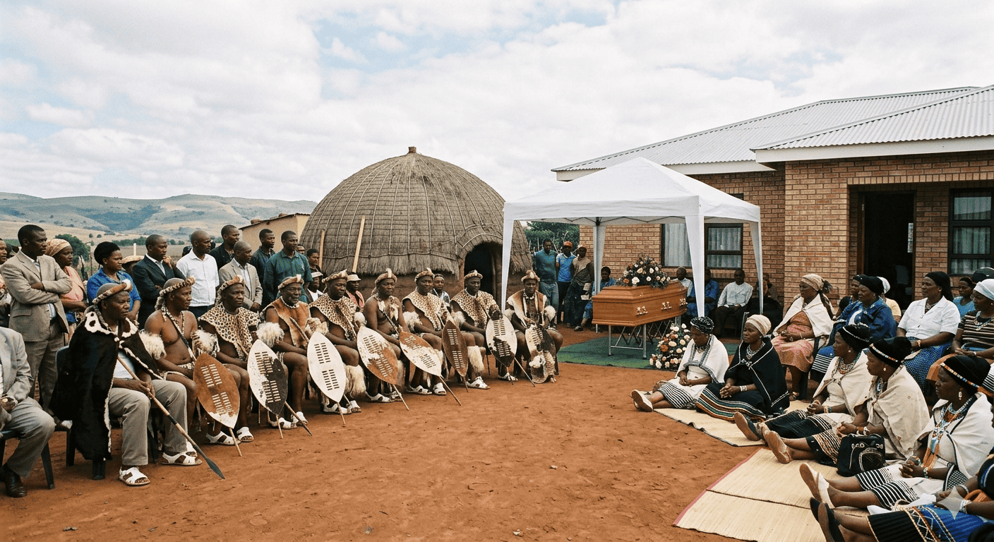 A Zulu homestead with family gathered for a traditional funeral ceremony with impepho burning