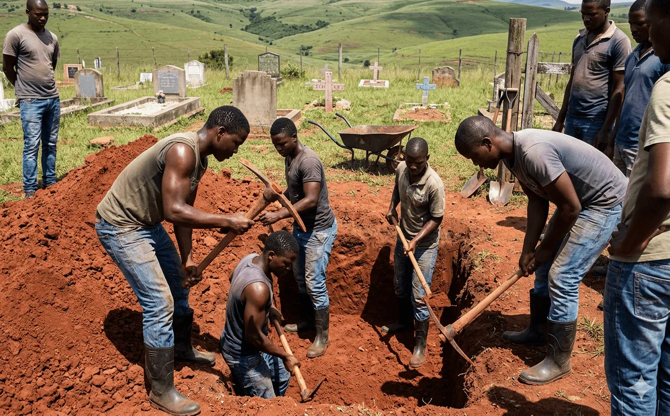 Young Zulu men digging a grave by hand in red KwaZulu-Natal soil as community members watch