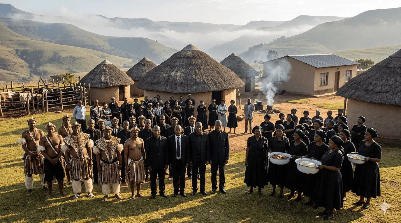 A large traditional Zulu funeral gathering at a rural KwaZulu-Natal homestead with rondavel huts and rolling hills