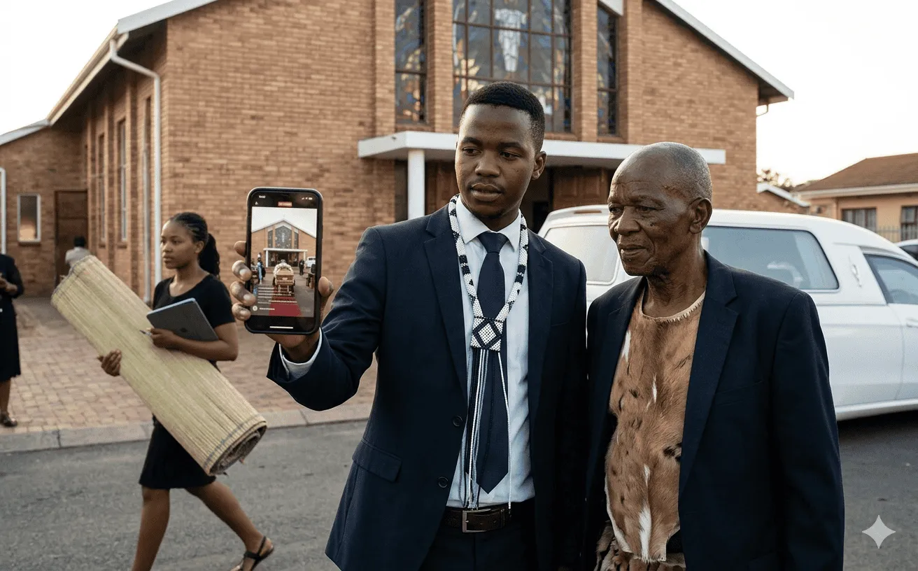 A young Zulu man in a suit with traditional beaded necklace livestreaming a funeral on his smartphone