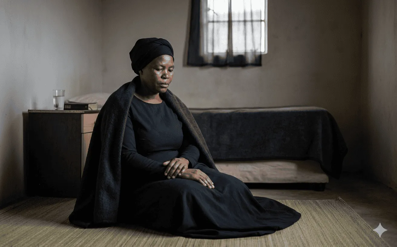 A Zulu widow in full black mourning attire sitting in quiet contemplation in a sparse room
