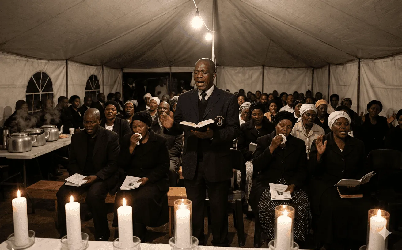 A powerful Zulu night vigil with mourners singing hymns by candlelight in a crowded tent