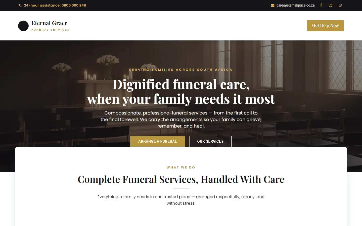 Eternal Grace funeral home website desktop example