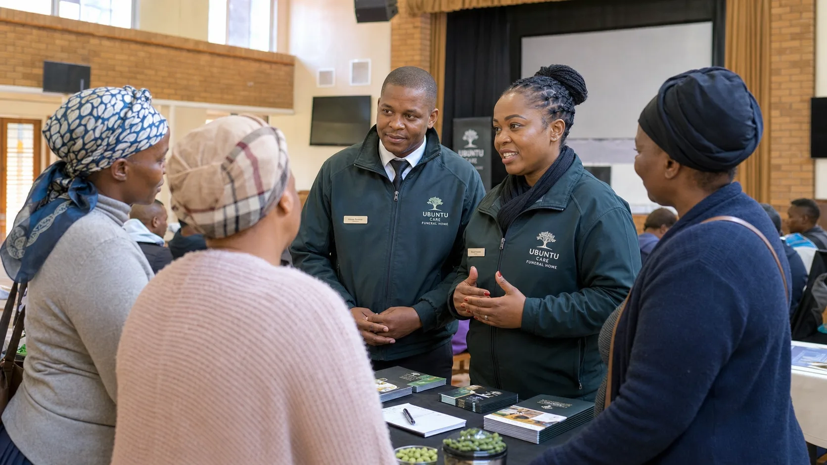Ubuntu Care staff speaking with community members at a local hall