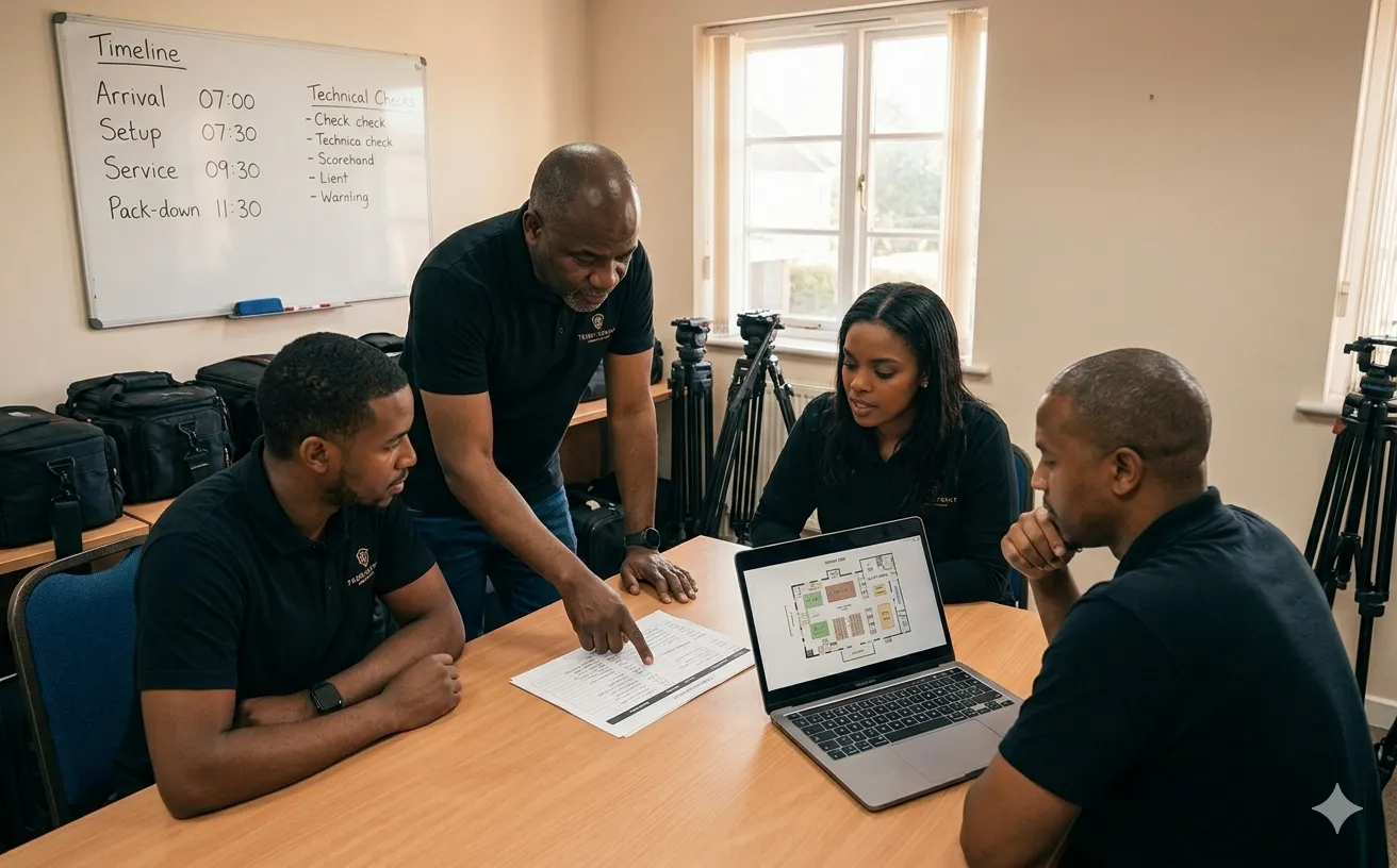 Media team briefing before a funeral service