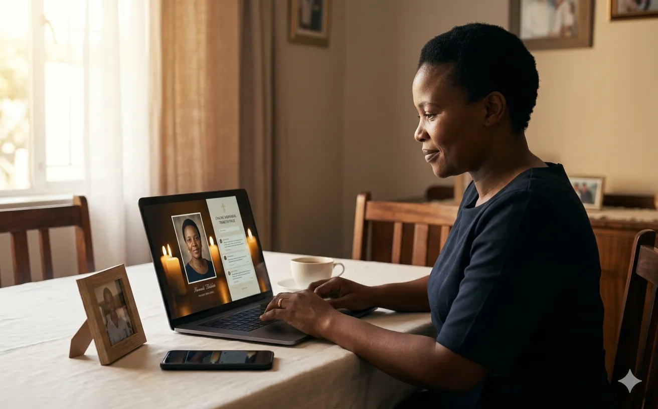 Family viewing online memorial tribute on laptop