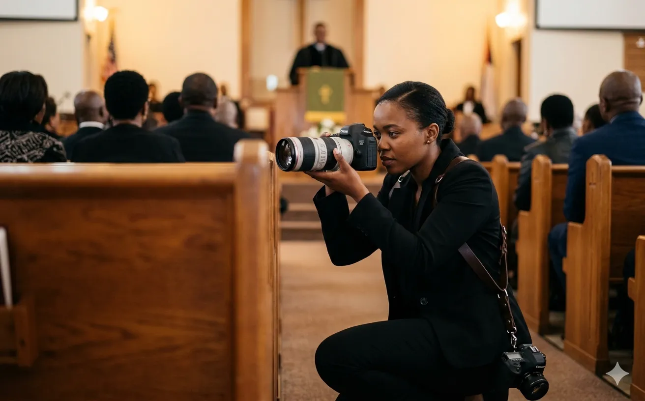 Professional photographer discreetly capturing moments at a funeral