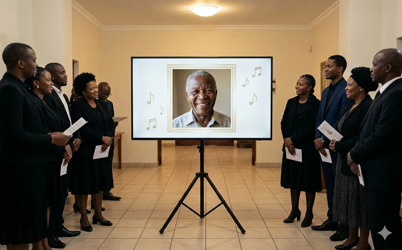 TV screen displaying photo tribute at a funeral venue