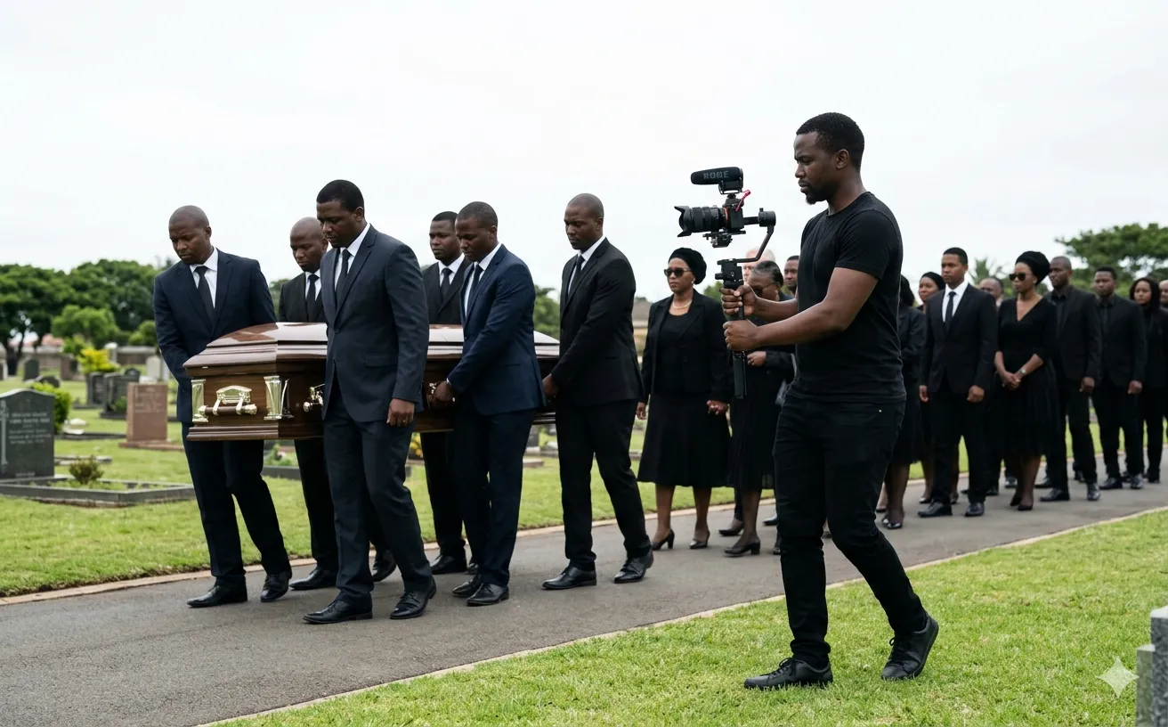 Videographer with gimbal filming a funeral procession