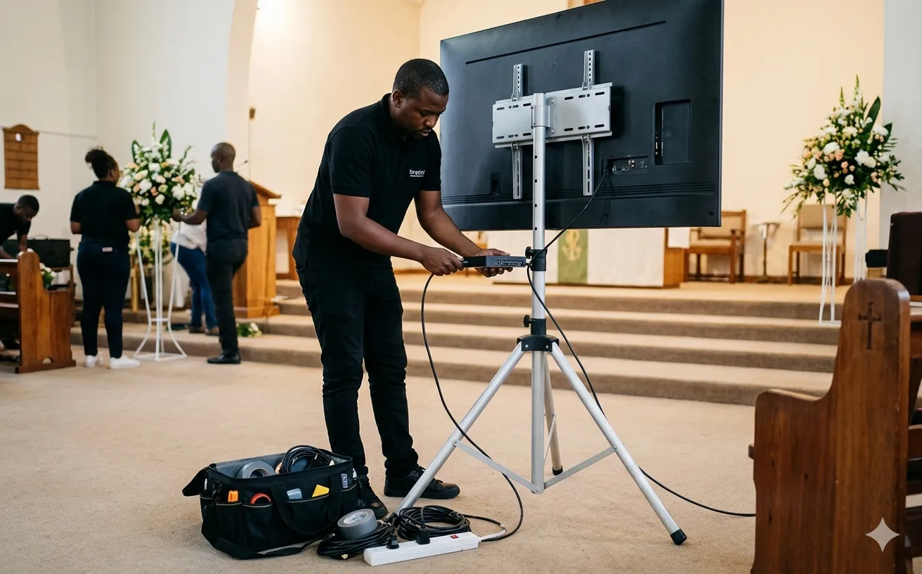 Close-up of a tribute slideshow playing on screen