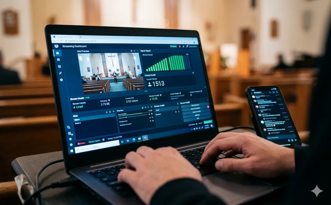 On-site technician monitoring a funeral livestream