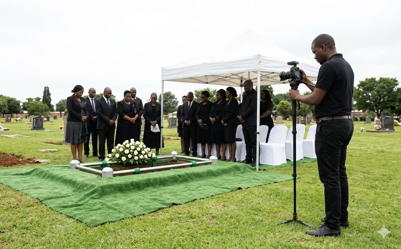 Outdoor funeral livestreaming at a cemetery