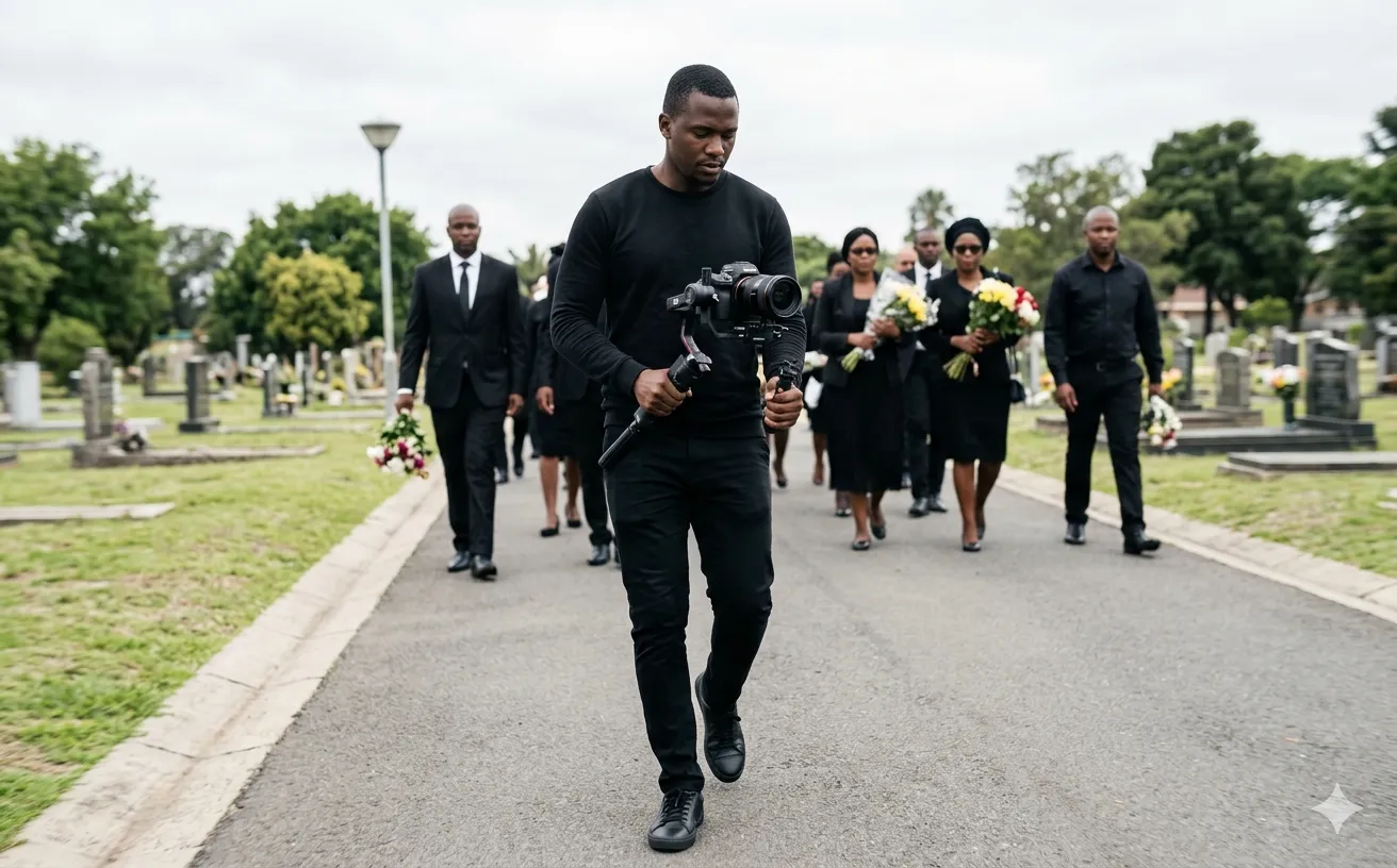 Videographer using gimbal stabiliser at a funeral